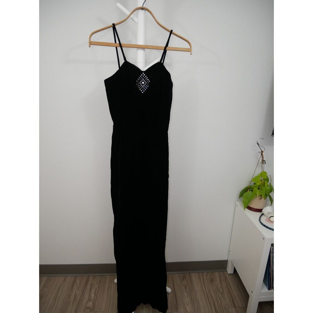 Vintage Black Velvet Maxi Dress Rhinestone Formal Evening Gown XS